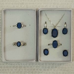 White Gold And Blue Sapphire Jewelry Set 3 Rings 2 Earring Sets